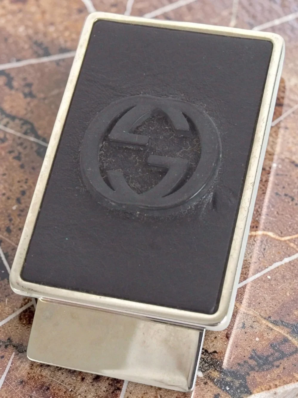 Gucci Black Leather Clip-On Phone Accessory with Silver Trim